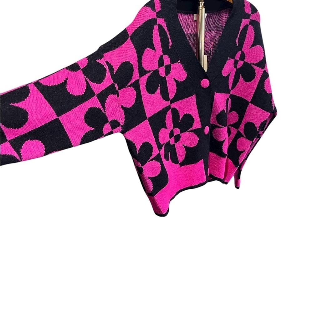 Entro New Pink and Black Floral Cardigan Retro Large - Picture 3 of 8